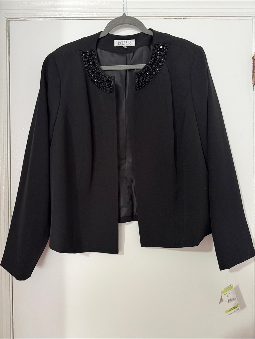 Kasper Black Open-Front Jacket with Beaded Collar